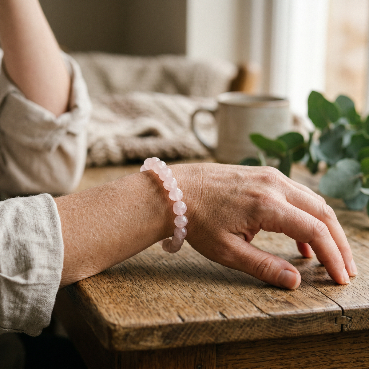 Pulsera de cuarzo rosa puesta en la muñeca